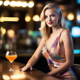 A beautiful blonde woman in a stylish cocktail dress is sitting at a bar