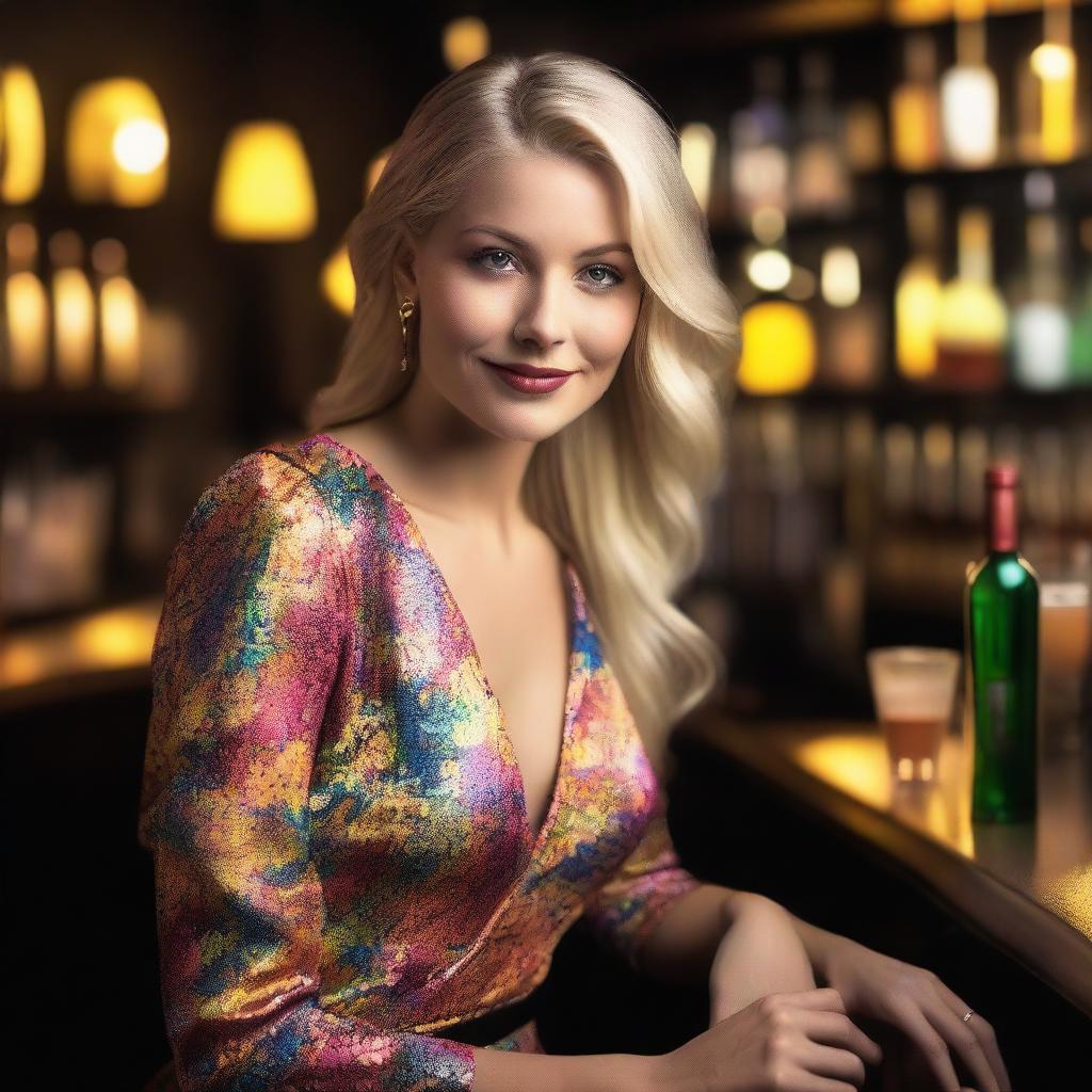 A beautiful blonde woman in a stylish cocktail dress is sitting at a bar