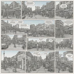 Create a mini comic strip illustrating various subcultures interacting with each other in urban scenes