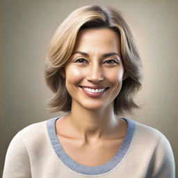 A detailed and realistic image of a woman with a friendly and warm expression