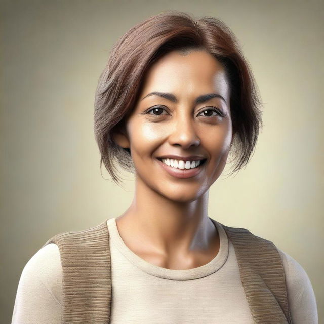 A detailed and realistic image of a woman with a friendly and warm expression