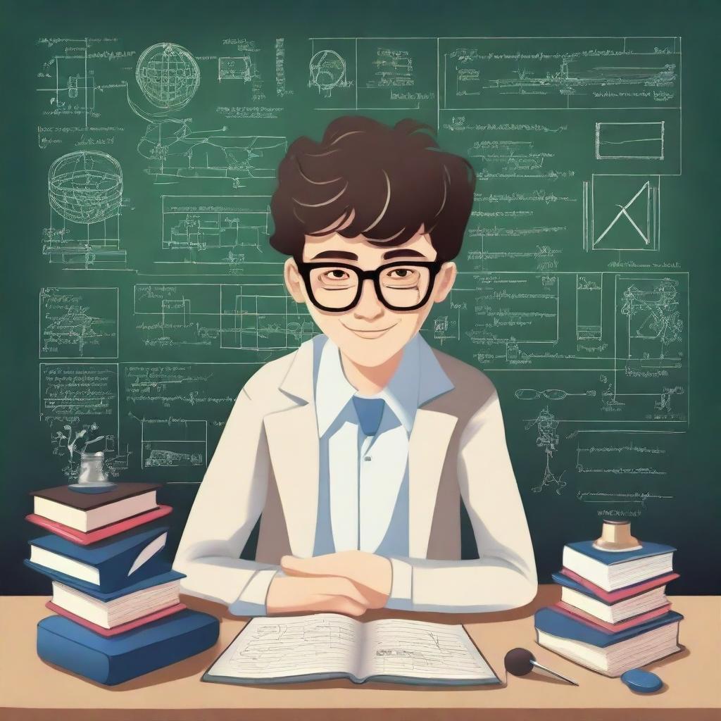 A highly intelligent student, depicted as a young person with glasses, surrounded by books, a laptop, and scientific instruments