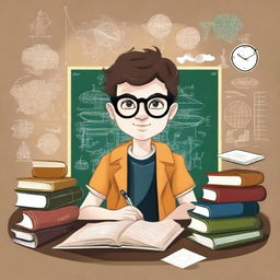 A highly intelligent student, depicted as a young person with glasses, surrounded by books, a laptop, and scientific instruments