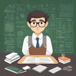 A highly intelligent student, depicted as a young person with glasses, surrounded by books, a laptop, and scientific instruments