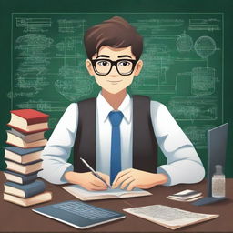 A highly intelligent student, depicted as a young person with glasses, surrounded by books, a laptop, and scientific instruments