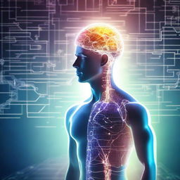 A depiction of extraordinary intelligence, illustrated as a futuristic human figure with a glowing brain, surrounded by holographic data streams, mathematical formulas, and advanced technology