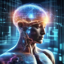 A depiction of extraordinary intelligence, illustrated as a futuristic human figure with a glowing brain, surrounded by holographic data streams, mathematical formulas, and advanced technology