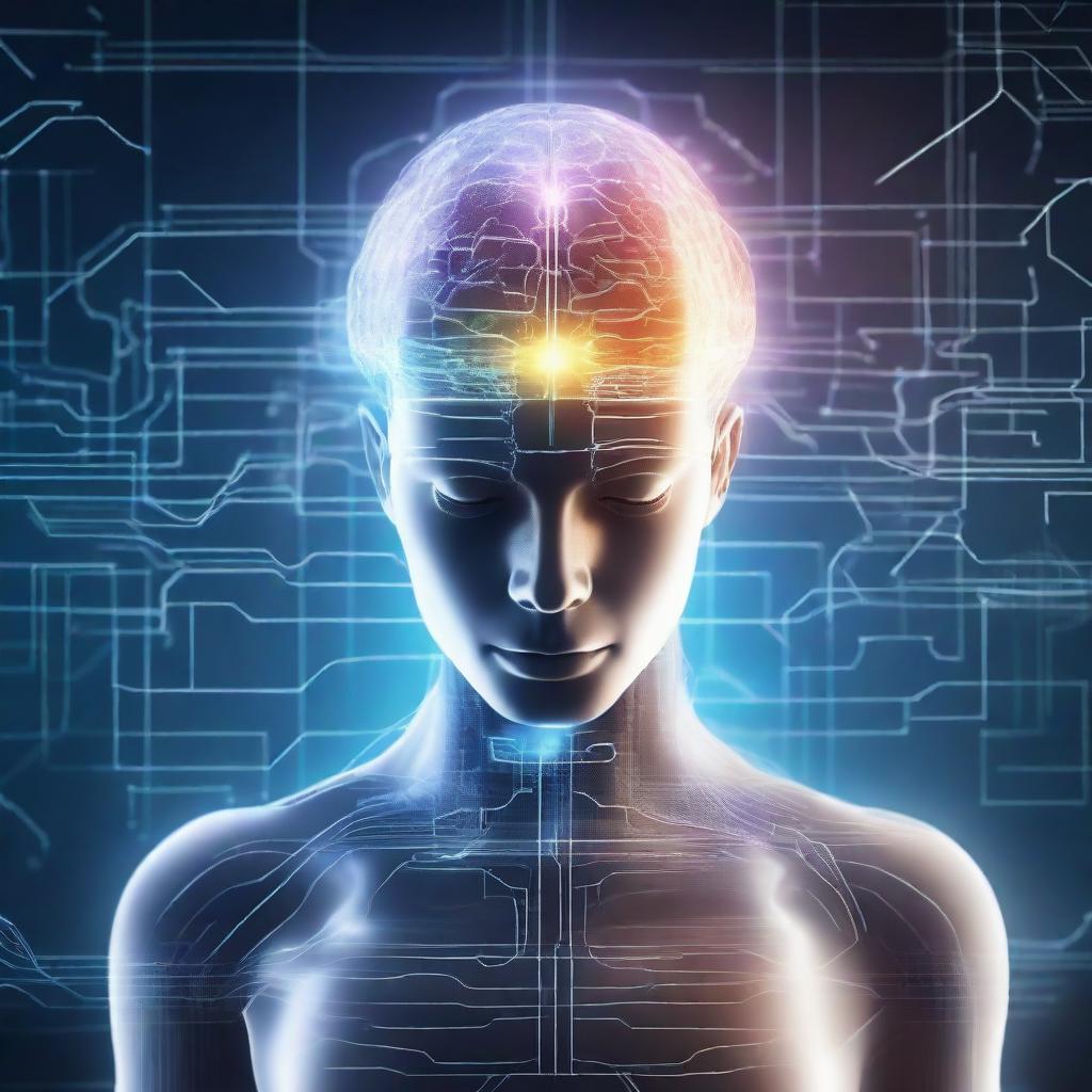 A depiction of extraordinary intelligence, illustrated as a futuristic human figure with a glowing brain, surrounded by holographic data streams, mathematical formulas, and advanced technology