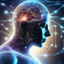 A depiction of extraordinary intelligence, illustrated as a futuristic human figure with a glowing brain, surrounded by holographic data streams, mathematical formulas, and advanced technology