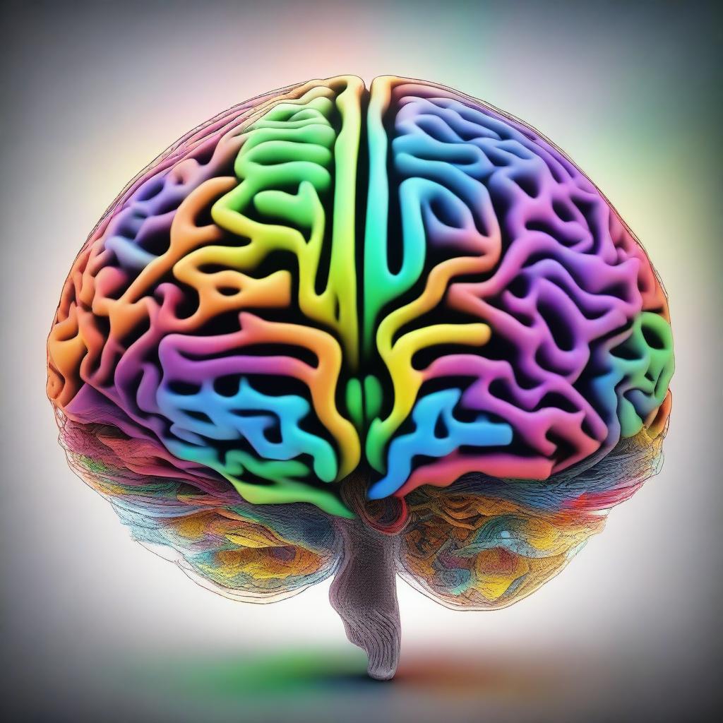 A detailed and artistic representation of a human brain, showcasing its intricate structure with vibrant colors and patterns