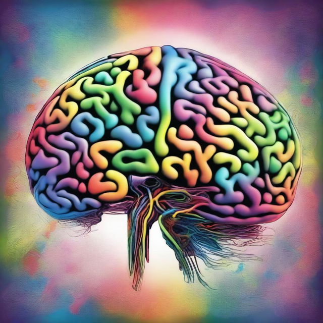 A detailed and artistic representation of a human brain, showcasing its intricate structure with vibrant colors and patterns