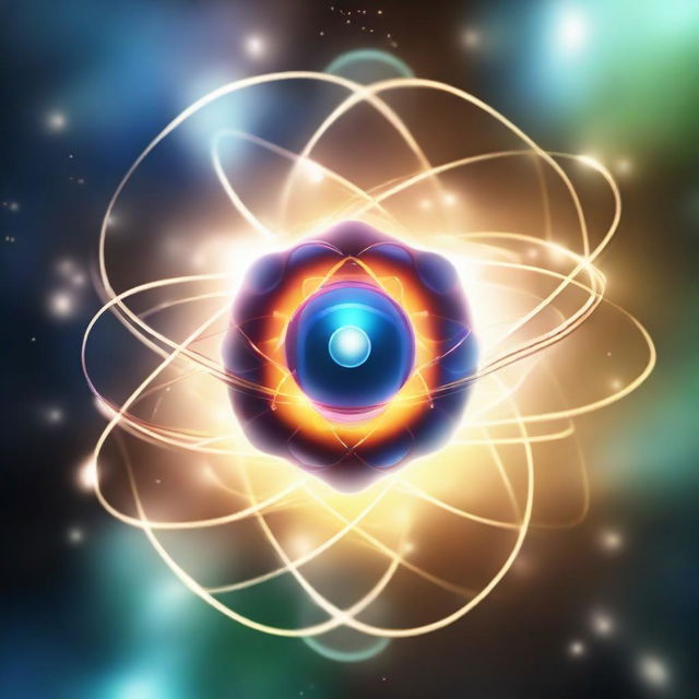 An artistic depiction of an atom, with a glowing nucleus and orbiting electrons