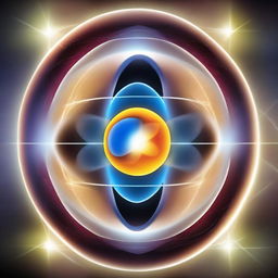 An artistic depiction of an atom, with a glowing nucleus and orbiting electrons