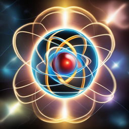 An artistic depiction of an atom, with a glowing nucleus and orbiting electrons