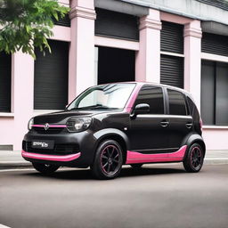 A sleek black Perodua Kelisa with a minimalist pink vinyl stripe along the side