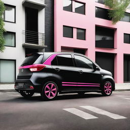 A sleek black Perodua Kelisa with a minimalist pink vinyl stripe along the side