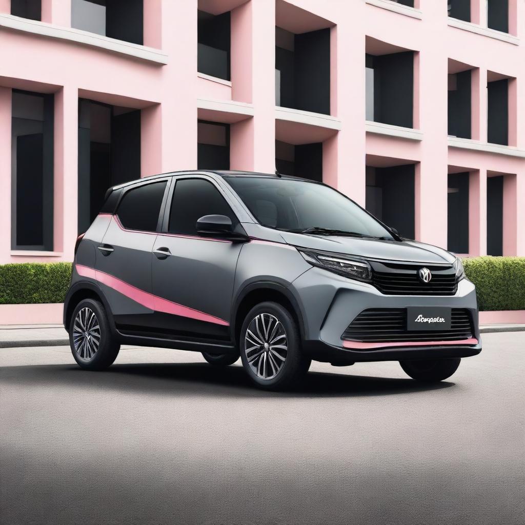 A Perodua car in black and gray with a minimalist design featuring a pink vinyl stripe