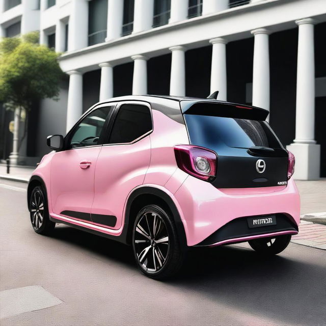 A Perodua car in black and gray with a minimalist design featuring a pink vinyl stripe