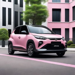 A Perodua car in black and gray with a minimalist design featuring a pink vinyl stripe