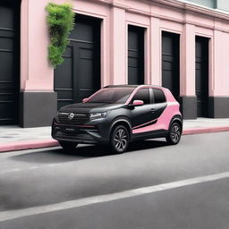 A Perodua car in black and gray with a minimalist design featuring a pink vinyl stripe