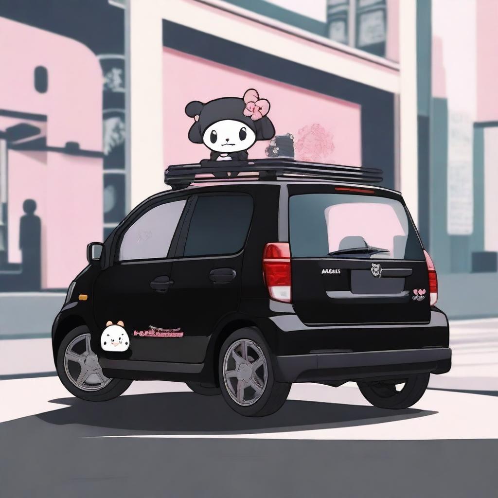 A black Perodua Kelisa car featuring a cute and stylish Kuromi sticker from the Sanrio universe