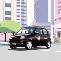 A black Perodua Kelisa car featuring a cute and stylish Kuromi sticker from the Sanrio universe