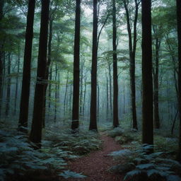 A dense forest illuminated by a mysterious bluish light filtering through the canopy