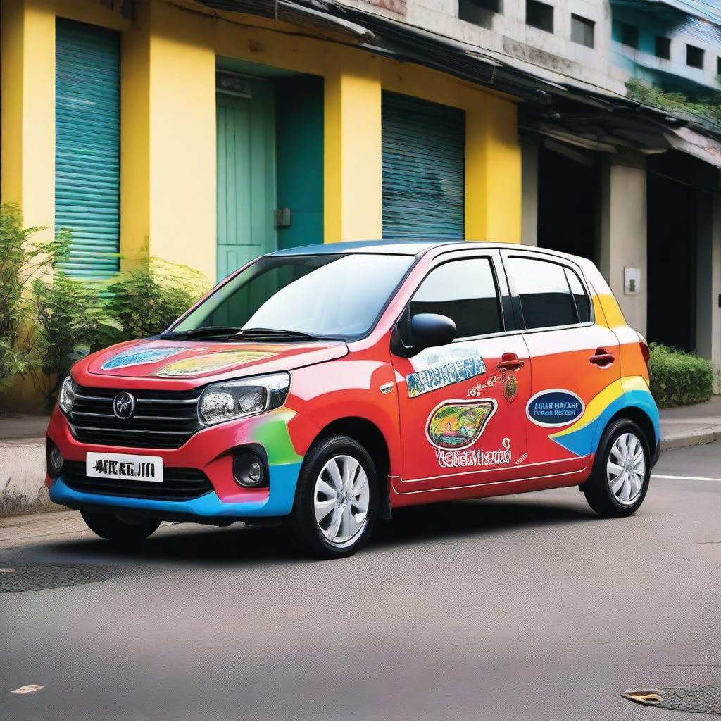 A Perodua Kelisa car with a vibrant and colorful Melody sticker on its body paint