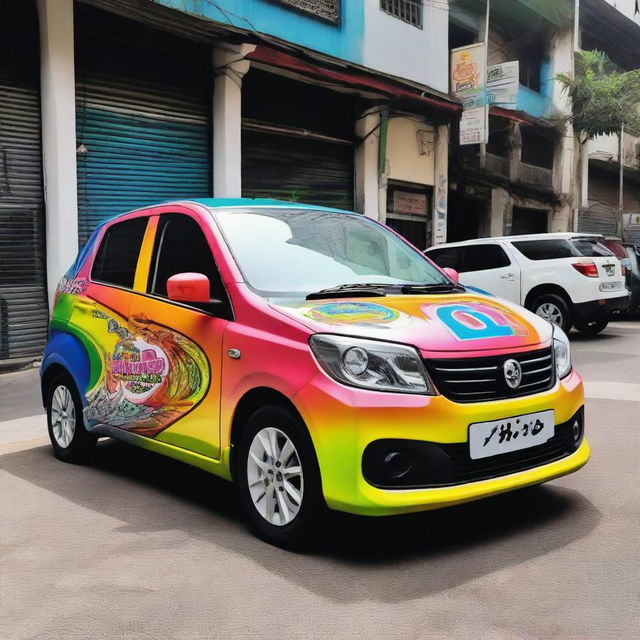 A Perodua Kelisa car with a vibrant and colorful Melody sticker on its body paint