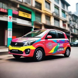 A Perodua Kelisa car with a vibrant and colorful Melody sticker on its body paint