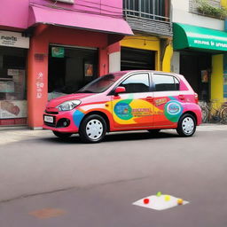 A Perodua Kelisa car with a vibrant and colorful Melody sticker on its body paint