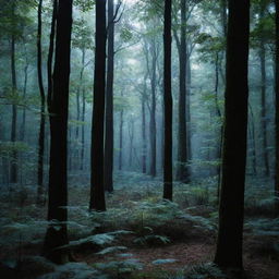 A dense forest illuminated by a mysterious bluish light filtering through the canopy