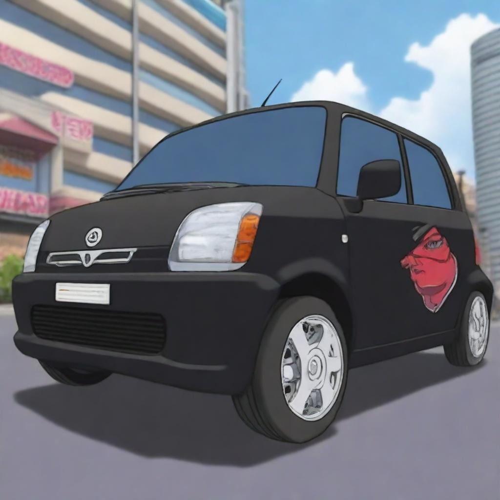 A black Produa Kelisa car with Akatsuki stickers from the Naruto anime series