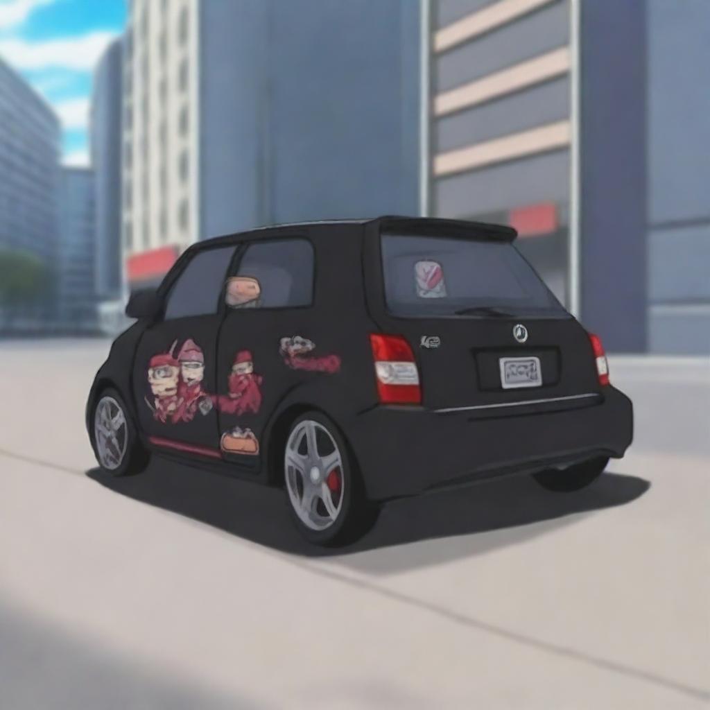 A black Produa Kelisa car with Akatsuki stickers from the Naruto anime series