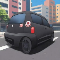 A black Produa Kelisa car with Akatsuki stickers from the Naruto anime series