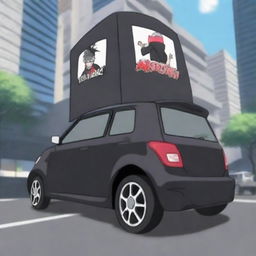 A black Produa Kelisa car with Akatsuki stickers from the Naruto anime series