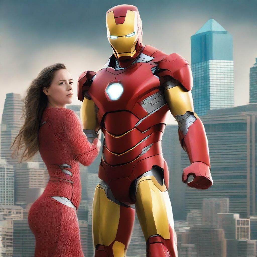 Ironman in his iconic red and gold suit stands protectively in front of a 15-year-old girl who is displaying her unique powers