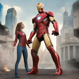 Ironman in his iconic red and gold suit stands protectively in front of a 15-year-old girl who is displaying her unique powers