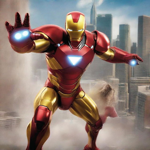 Ironman in his iconic red and gold suit stands protectively in front of a 15-year-old girl who is displaying her unique powers