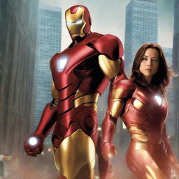 Ironman in his iconic red and gold suit stands protectively in front of a 15-year-old girl who is displaying her unique powers