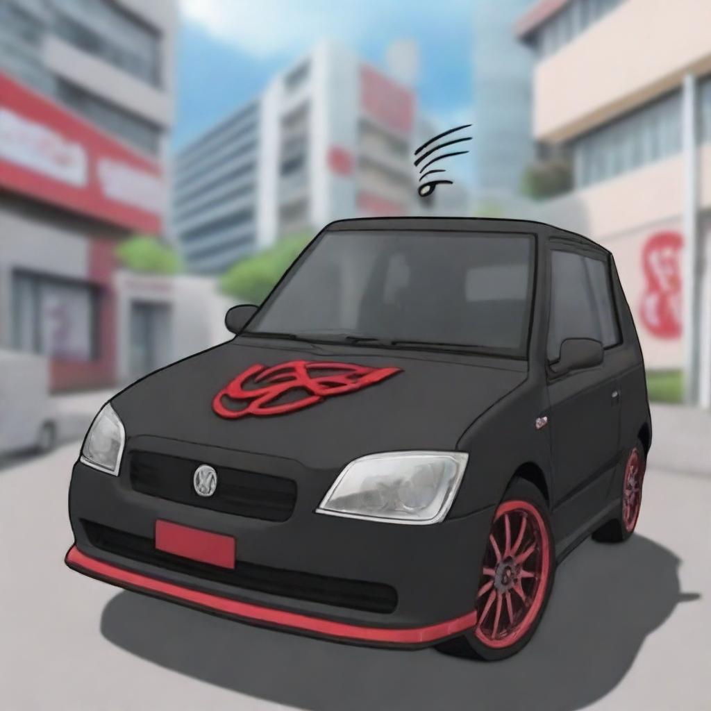 A black Produa Kelisa car with Akatsuki logo stickers from the Naruto anime series