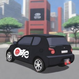 A black Produa Kelisa car with Akatsuki logo stickers from the Naruto anime series