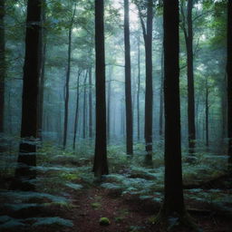 A dense forest illuminated by a mysterious bluish light filtering through the canopy