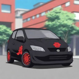 A black Produa Kelisa car with Akatsuki logo stickers from the Naruto anime series