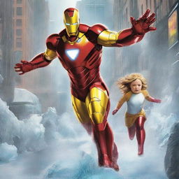 Ironman in his classic red and gold suit is protecting a little girl who has ice powers