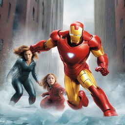 Ironman in his classic red and gold suit is protecting a little girl who has ice powers