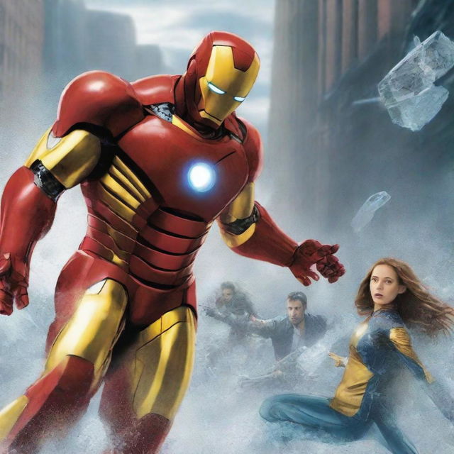 Ironman in his classic red and gold suit is protecting a little girl who has ice powers