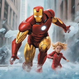 Ironman in his classic red and gold suit is protecting a little girl who has ice powers