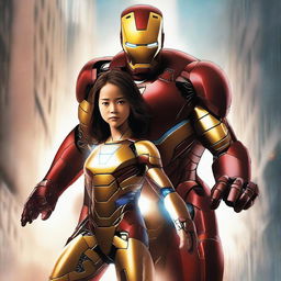 Create a movie poster featuring Ironman protecting a fifteen-year-old girl with brown hair and brown eyes