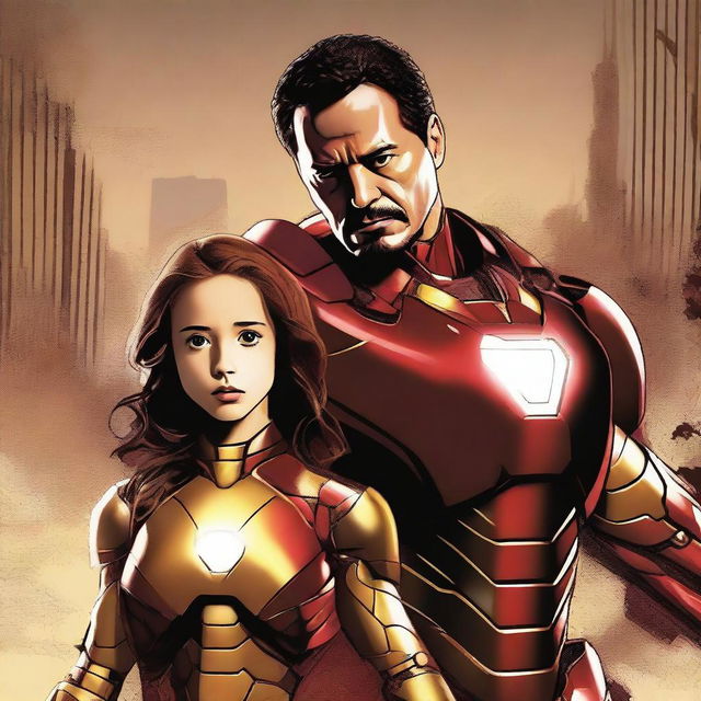 Create a movie poster featuring Ironman protecting a fifteen-year-old girl with brown hair and brown eyes